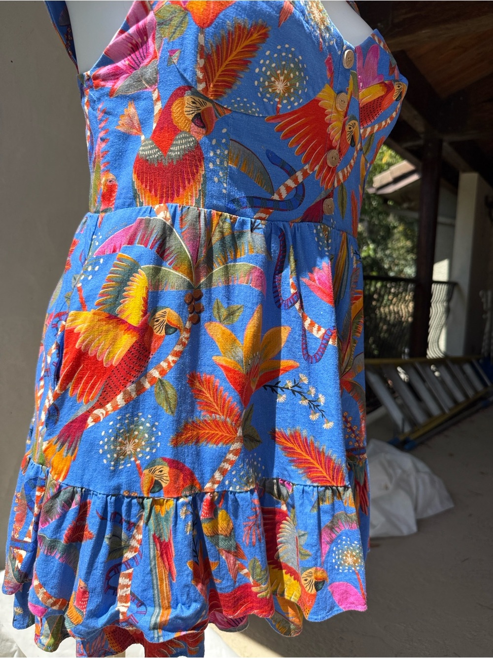 Farm Rio dress mini Blue pockets Tropical parrots Sundress linen-Ruffle hem - XL - Picture 7 of 17